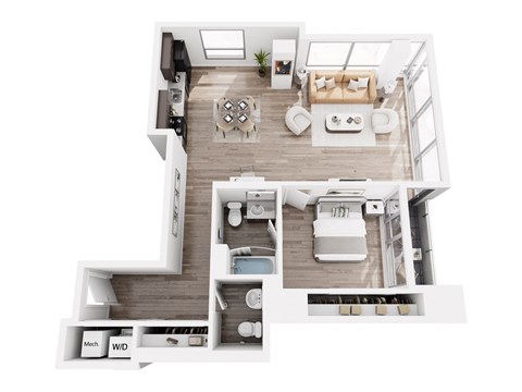 Floor plan for 1 bed, 1.5 baths, 1034 sqft